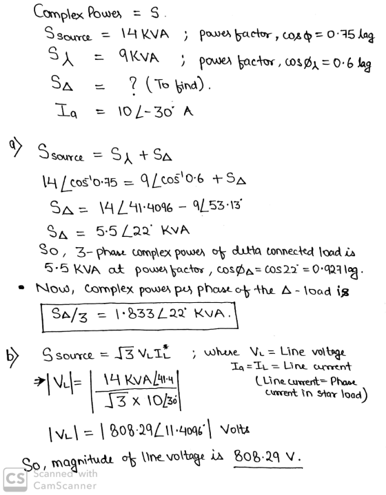 Complex Power = 5 S source = 14 KVA ; power factor, cos$ = 0.75 lag 9 KVA ; power factor, cos0x=0.6 lag ? ( To bina). Ia = 10