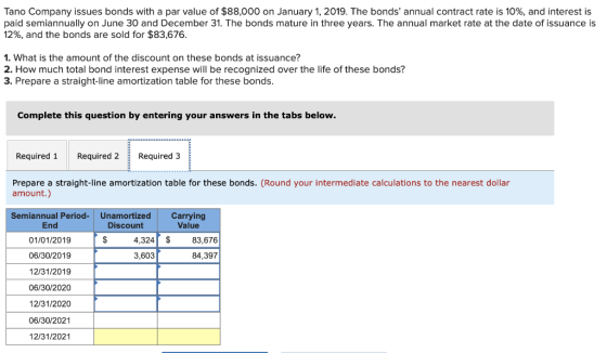 Tano Company issues bonds with a par value of $88,000 on January 1, 2019. The bonds annual contract rate is 10%, and interes