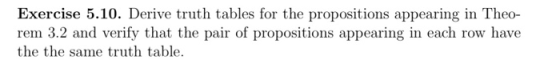 Exercise 5.10. Derive truth tables for the propositions appearing in Theo- rem 3.2 and verify that the pair of propositions a