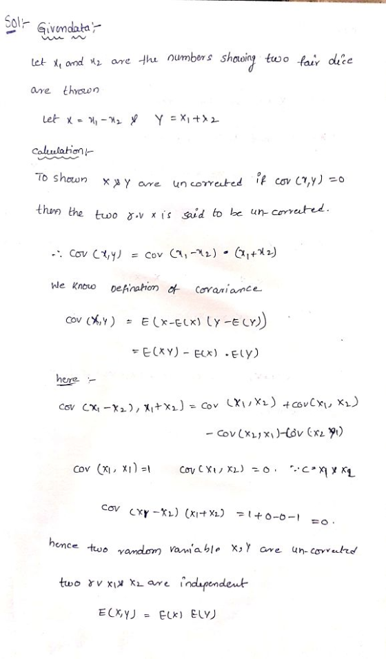 tet x and are hu oumbens shooing two / ola e thrown To shawn tharn the Cov (Xi , x)=1