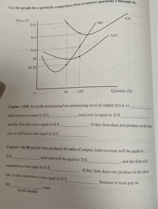 stions I through 10. Use the graph for a perfectly e graph for a perfectly competitive firm to answer questions I throue ATC