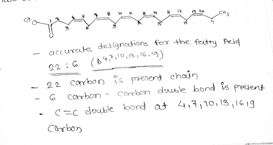 UUS accurcate care designations for the feetty Acid 22:6 (94,7,10,13,16,19) - 22 carbon is present chain - 6 cerrbcm - caroba