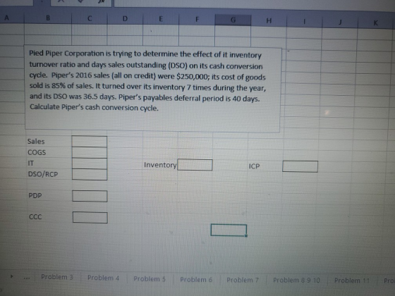 А B С D E F G H K Pied Piper Corporation is trying to determine the effect of it inventory turnover ratio and days sales outs
