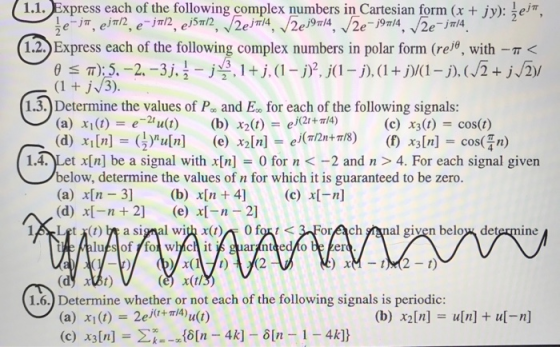 U 1.1. Express each of the following complex numbers in Cartesian form (x + jy): bej, ke-ja, eja/2, e-ju/2, 359/2, 2ej#14, 2e