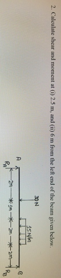 2. Calculate shear and moment at (i) 2.5 m, and (ii) 6 m from the left end of the beam given below. 30 N 15 N/m A QQ -2m-*1m-
