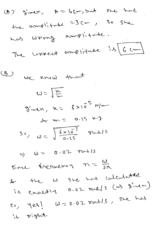 (A) ginen, a=6€m, but she had the amplitude =3cm, so she has wrong amplituse. - The coppect amplituse is 16cm (B) we know tha