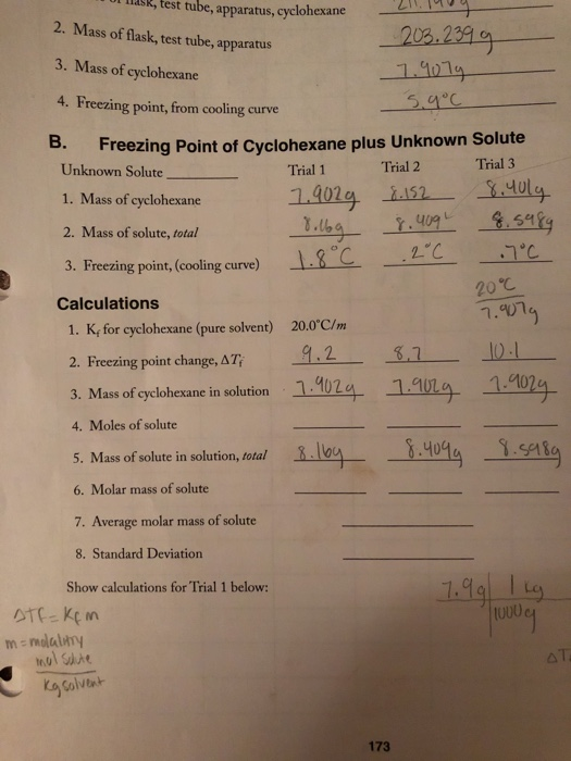 U SR, test tube, apparatus, cyclohexane 2. Mass of flask, test tube, apparatus 3. Mass of cyclohexane 4. Freezing point, from