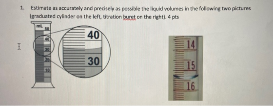 1. Estimate as accurately and precisely as possible the liquid volumes in the following two pictures (graduated cylinder on t