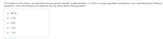 The incidence of Tay Sachs, an autosomal recessive genetic disorder, is approximately 1 in 3,500 in a certain population of A