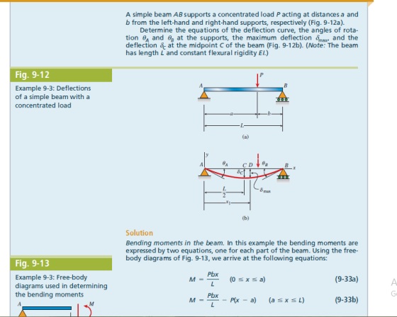 A simple beam AB supports a concentrated load P acting at distances a and b from the left-hand and right-hand supports, respectively (Fig. 9-12a). Determine the equations of the deflection curve, the angles of rota- tion a and at the supports, the maximum deflection 9mx, and the deflection &c at the midpoint C of the beam (Fig. 9-12b). (Note: The beam has length L and constant flexural rigidity El.) Fig. 9-12 Example 9-3: Deflections of a simple beam with a concentrated load CD 8 Solution Bending moments in the beam. In this example the bending moments are expressed by two equations, one for each part of the beam. Using the free- body diagrams of Fig. 9-13, we arive at the following equations: Fig. 9-13 Example 9-3: Free-body diagrams used in determining the bending moments Pbx (0 sx s a) (9-33a) Pbx Gi (9-33b)