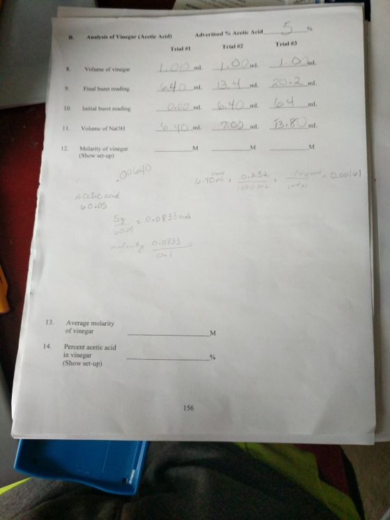 B. Analysis of Vinegar (Acetic Acid) Trial Advertised % Acetic Acid Trial 2 Volume of vinegar 9. Final buret reading 10. Init