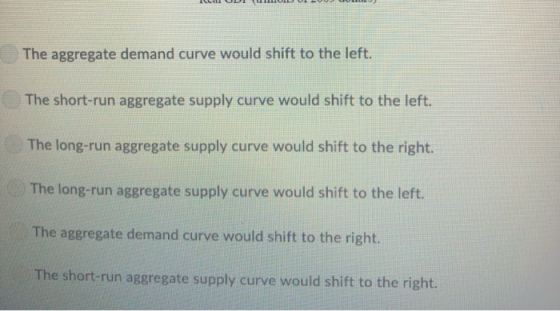 The aggregate demand curve would shift to the left. The short-run aggregate supply curve would shift to the left. The long-ru