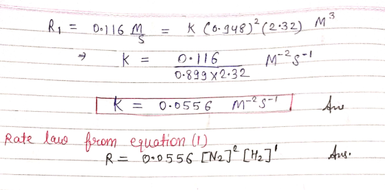 R = 0.116 = K (0.948)?(232) M3 = 0.116 M-28-1 0.899 72.32 R = 0.0556 m-25-1 Rate law from equation (1) R = 0.0556 [N2]° [Hz]