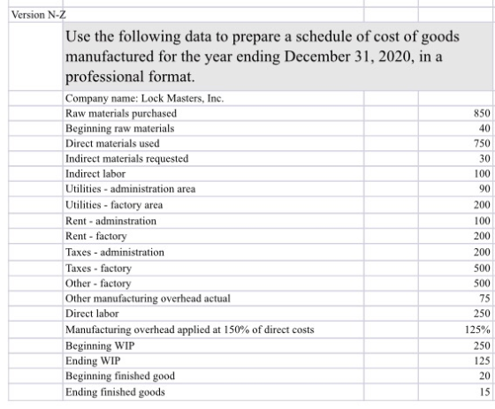 850 40 750 30 100 90 Version N-Z Use the following data to prepare a schedule of cost of goods manufactured for the year endi