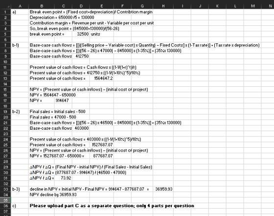 J K L M N 1 al Break even point = (Fixed cost+depreciation)/ Contribtion margin Depreciation = 650000 75 - 130000 Contributio