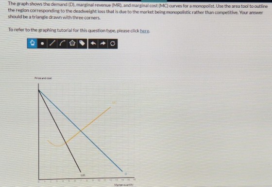 The graph shows the demand (D), marginal revenue (MR), and marginal cost (MC curves for a monopolist. Use the area tool to outline the region corresponding to the deadweight loss that is due to the market being monopolistic rather than competitive. Your answer should be a triangle drawn with three corners. To refer to the graphing tutorial for this question type, please click here. Price and cost Marka:auantity