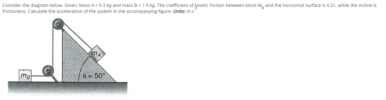 Consider the diagram below. Given: Mass A = 9.3 kg and mass B = 1.9 kg. The coefficient of kinetic friction between block M,