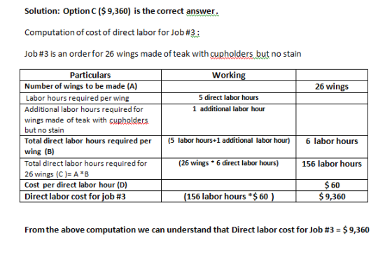 Solution: Option C($ 9,360) is the correct answer: Computation of cost of direct labor for Job#3: Job #3 is an order for 26 w