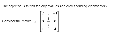 The objective is to find the eigenvalues and corresponding eigenvectors. (2 0-1 1 0 Consider the matrix, A= 0 2 10 4