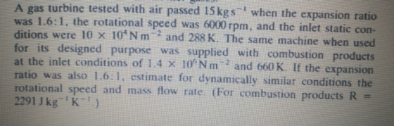 A gas turbine tested with air passed 15kgs when the expansion ratio was 1.6:1, the rotational speed was 6000 rpm, and the inl