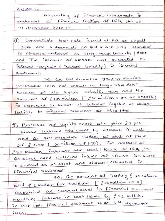 Answer: - - Accounting of Staneet . al financial 9! ecember 2018: financial instruments in Position of Milk ltd. at O Convert