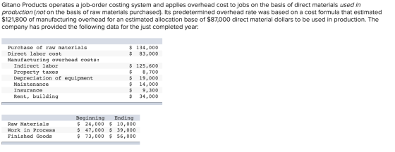 Gitano Products operates a job-order costing system and applies overhead cost to jobs on the basis of direct materials used i