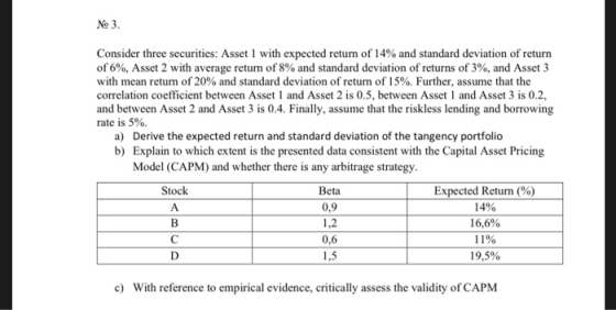 No 3. Consider three securities: Asset I with expected return of 14% and standard deviation of return of 6%, Asset 2 with ave