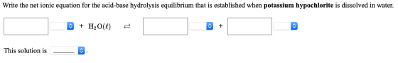 Write the net ionic equation for the acid-base hydrolysis equilibrium that is established when potassium hypochlorite is diss