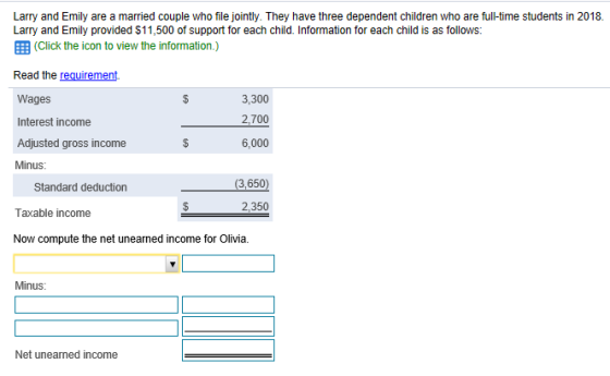 Larry and Emily are a married couple who file jointly. They have three dependent children who are ful-time students in 2018. Larry and Emily provided $11,500 of support for each child. Information for each child is as follows: 囲(Click the icon to view the information.) Read the requirement. Wages Interest income Adjusted gross income Minus: 3,300 2,700 6,000 Standard deduction (3,650) 2,350 Taxable income Now compute the net unearned income for Olivia. Minus Net unearned income