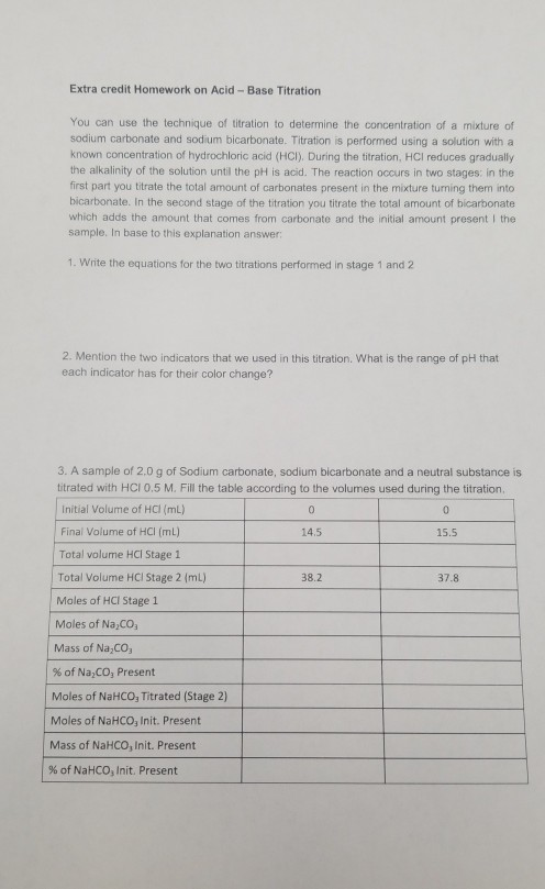 Extra credit Homework on Acid-Base Titration You can use the technique of titration to determine the concentration of a mixtu