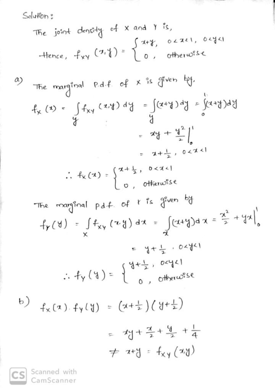 Solution : The joint density of and y is, ty OLRLI, OLYKI To otherwise Hence, fxy (24) = The marginal P.d.f. of x is given by