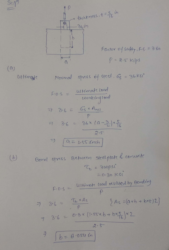 --a thickness, t=s in Fathor of safety ,RS = 3.60 凸 C) ulH Normal shtes of steel. G-36 ksi. mye coorking toed 2.S Borel stres