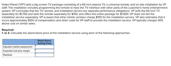 Video Planet (VP) sells a big screen TV package consisting of a 60-inch plasma TV, a universal remote, and on-site installa