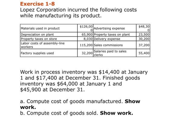 Exercise 1-8 Lopez Corporation incurred the following costs while manufacturing its product. $48,30 Materials used in product