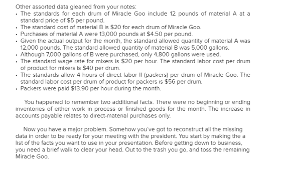 Other assorted data gleaned from your notes: . The standards for each drum of Miracle Goo include 12 pounds of material A at