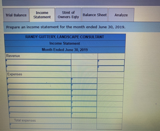 Trial Balance Income Statement Stmt of Owners Eqty Balance Sheet Analyze Prepare an income statement for the month ended June