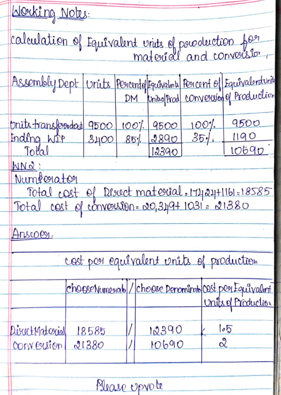 Working Notes: calculation of Equivalent vrits of powoduction house mated and conversion |12390 10690 Assembly Dept units Per
