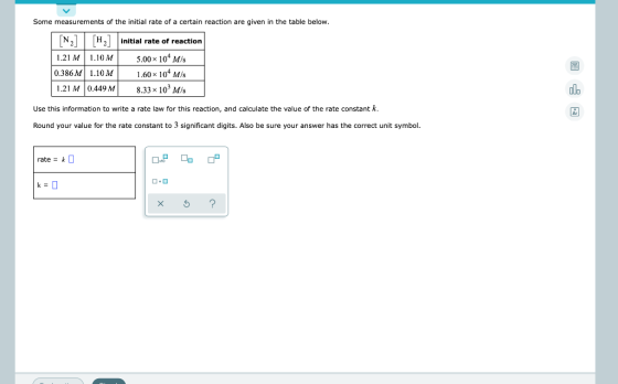 Some measurements of the initial rate of a certain reaction are given in the table below. N2] H2 initial rate of reaction 1.2