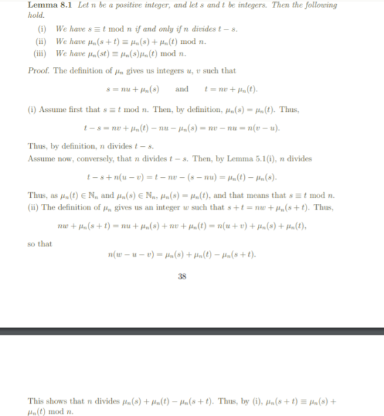 Lemma 8.1 Let n be a positive integer, and let s and t be integers. Then the following hold. (i) We have s et mod n if and on