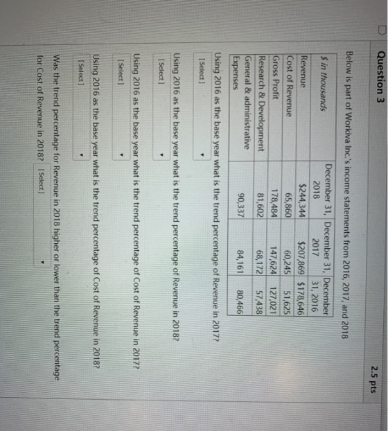 Question 3 2.5 pts Below is part of Workiva Inc.s income statements from 2016, 2017, and 2018 Sin thousands December 31, Dec