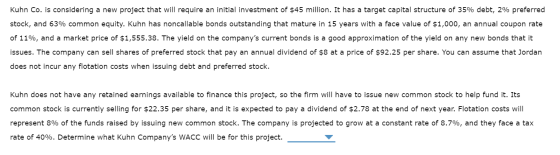 Kuhn Co. is considering a new project that will require an initial investment of $45 million. It has a target capital structu