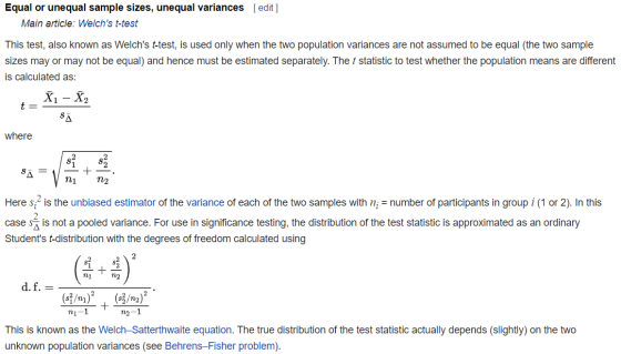 Equal or unequal sample sizes, unequal variances [edit] Main article: Welchs t-test This test, also known as Welchs t-test,