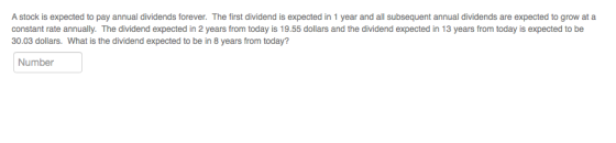 A stock is expected to pay annual dividends forever. The first dividend is expected in 1 year and all subsequent annual divid