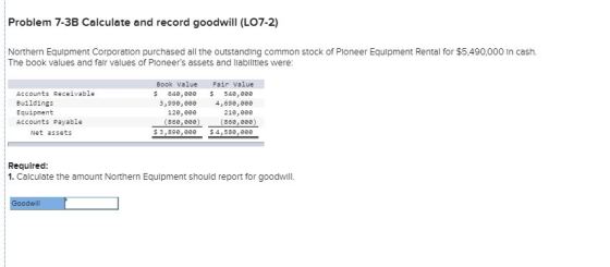 Problem 7-3B Calculate and record goodwill (L07-2) Northern Equipment Corporation purchased all the outstanding common stock
