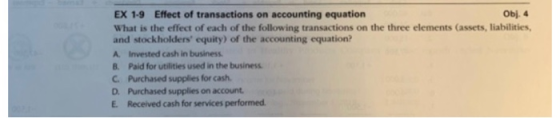 Obj. 4 EX 1-9 Effect of transactions on accounting equation What is the effect of each of the following transactions on the three elements (assets, liabilities and stockholders equity) of the accounting equation? A. Invested cash in business B. Paid for utilities used in the business C. Purchased supplies for cash D. Purchased supplies on account E. Received cash for services performed