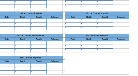 201: Accounts Payable Debit 301: K. Tanner, Capital Debit Credit Balance Credit Balance Date Date 403: Services Revenue 302: K. Tanner, Withdrawals Debit Credit Balance Balance Date Date Debit Credit 690: Utilities Expense Debit Credit Balance Date