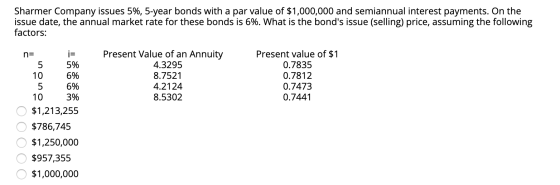 Sharmer Company issues 5%, 5-year bonds with a par value of $1,000,000 and semiannual interest payments. On the issue date, t