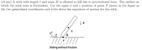 (10 pts) A stick with length l and mass M is allowed to fall due to gravitational force. The surface on which the stick rests
