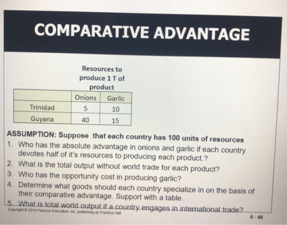 COMPARATIVE ADVANTAGE Resources to produce 1 T of product Onions Garlic 5 10 15 Trinidad Guyana 40 ASSUMPTION: Suppose that e