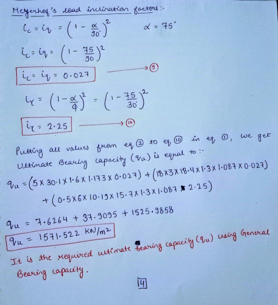 ots wad inclination factors :- Lc = iq = (- ) = 75° 4:19. (-) (=iq = 0.027] x=(1-22 = ( 1 2 3 4 5 [x = 2:25] = > ☺ 5027] Put
